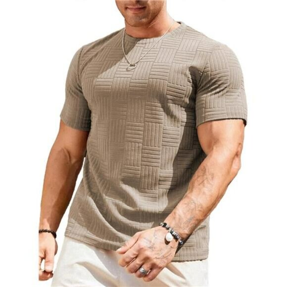 Mens Textured Crewneck T Shirt Slim Fit Short Sleeve Summer Casual Tee Top - Picture 1 of 7